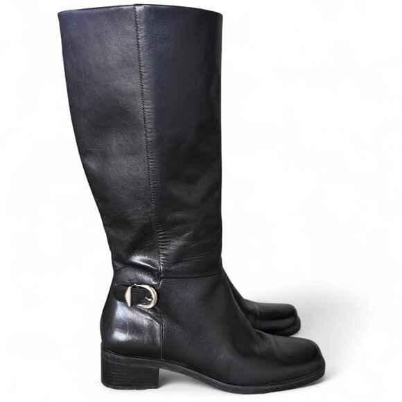 Naturalizer tall black leather riding boots with side zipper and silver buckle - Picture 1 of 8